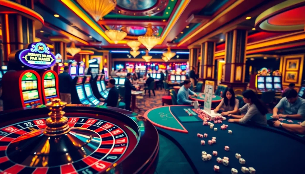Experience the excitement of RR88 at a bustling casino, featuring vibrant gaming tables and colorful slot machines.
