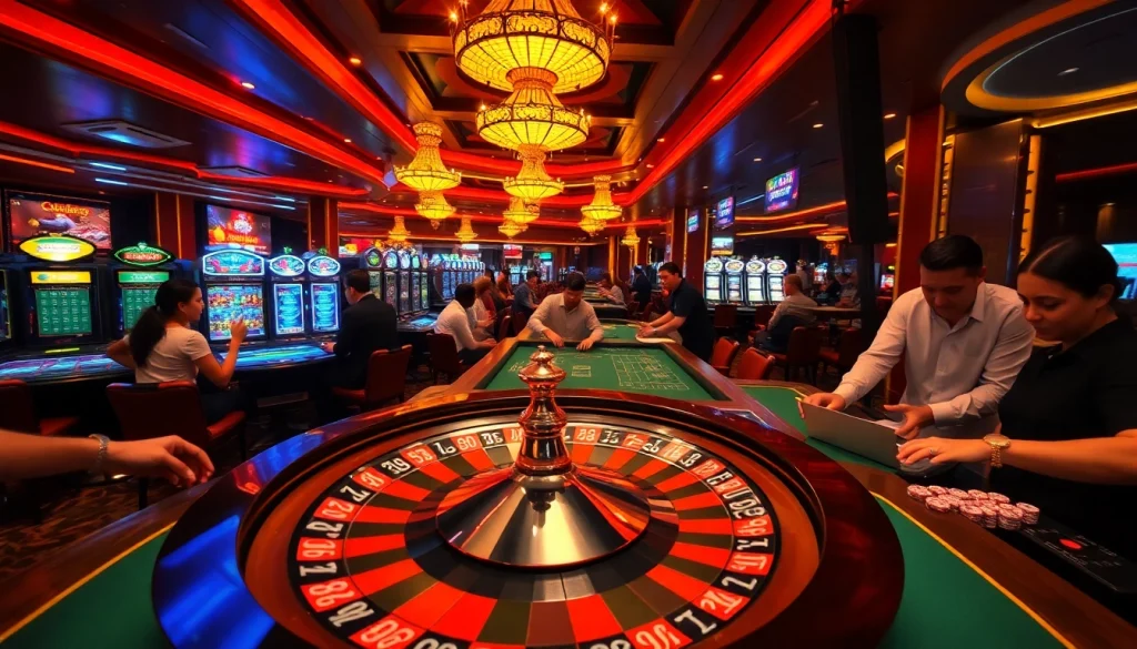 Experience the thrill of betting at https://vuabai9bet.com/, featuring players at a lively roulette table in a dazzling casino.