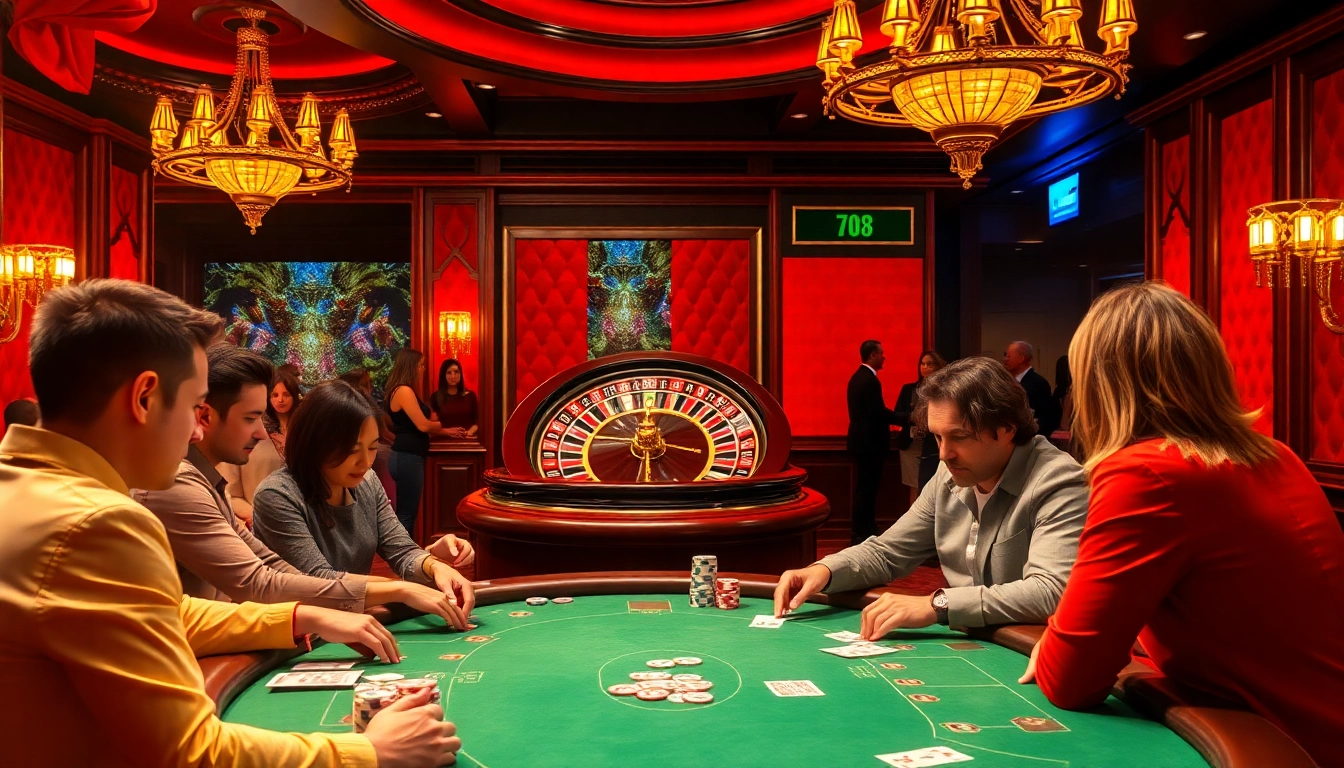 A thrilling casino moment captures the essence of go8 com, with players strategizing at a poker table amidst vibrant slot machines and roulette wheels.