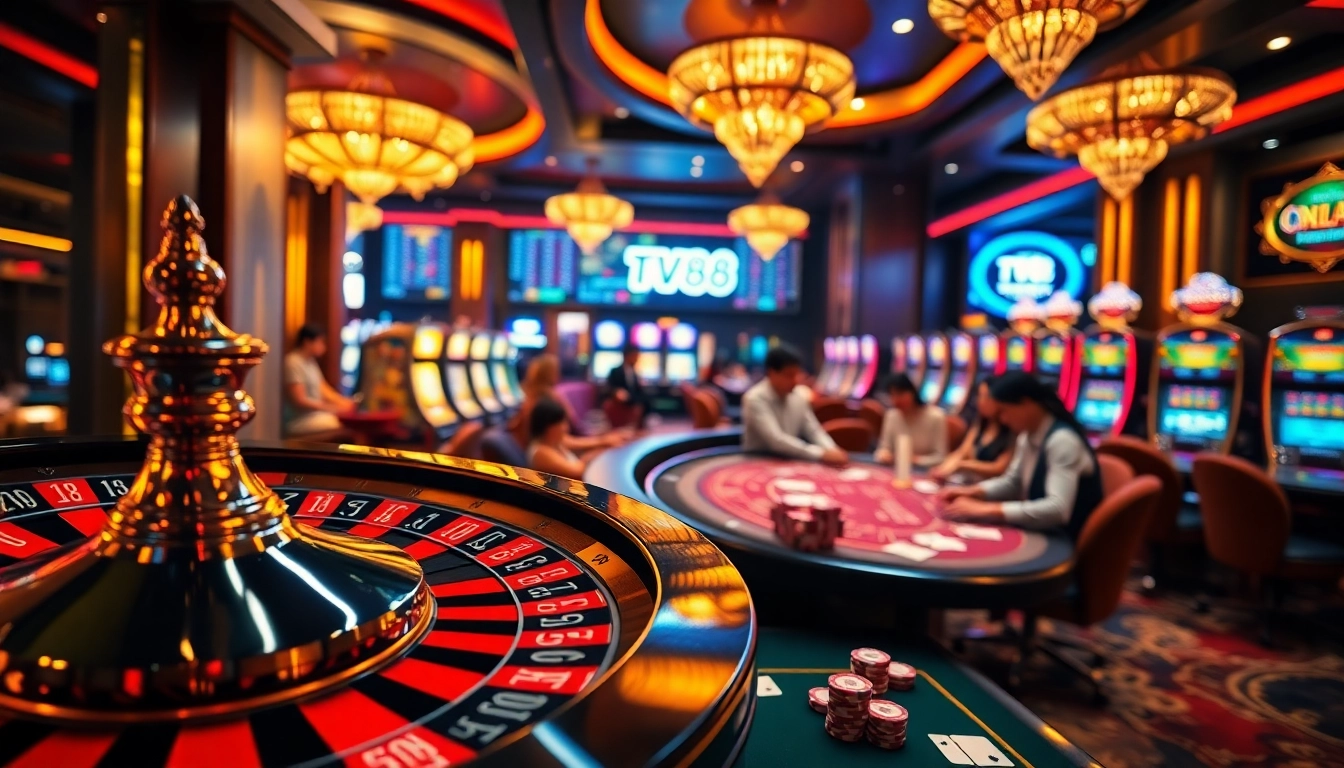 Nhà cái TV88 provides an exhilarating casino experience with players engaged in lively games of poker and roulette.