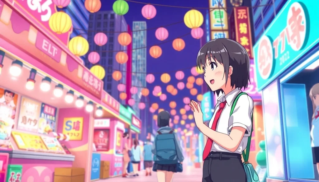 Anime sex conversations between lively characters in a vibrant festival atmosphere.
